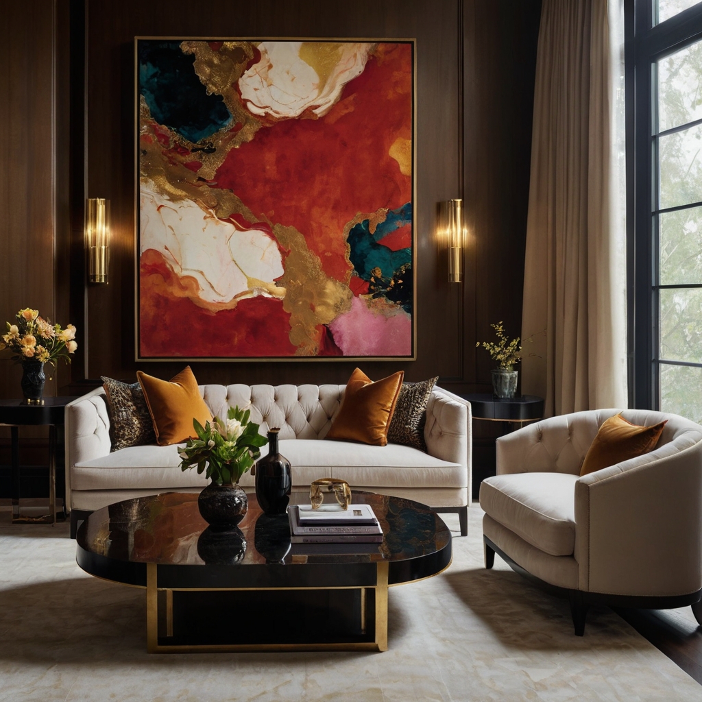 A bold, oversized abstract painting serves as the centerpiece of a refined living room. Soft lighting highlights the artwork’s textured beauty.