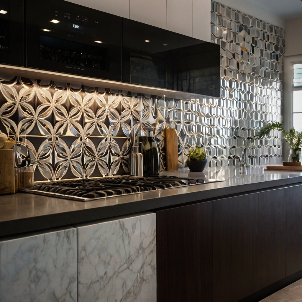 A modern kitchen with a bold geometric tile backsplash and minimal countertop decor. Accent lighting enhances texture and depth.