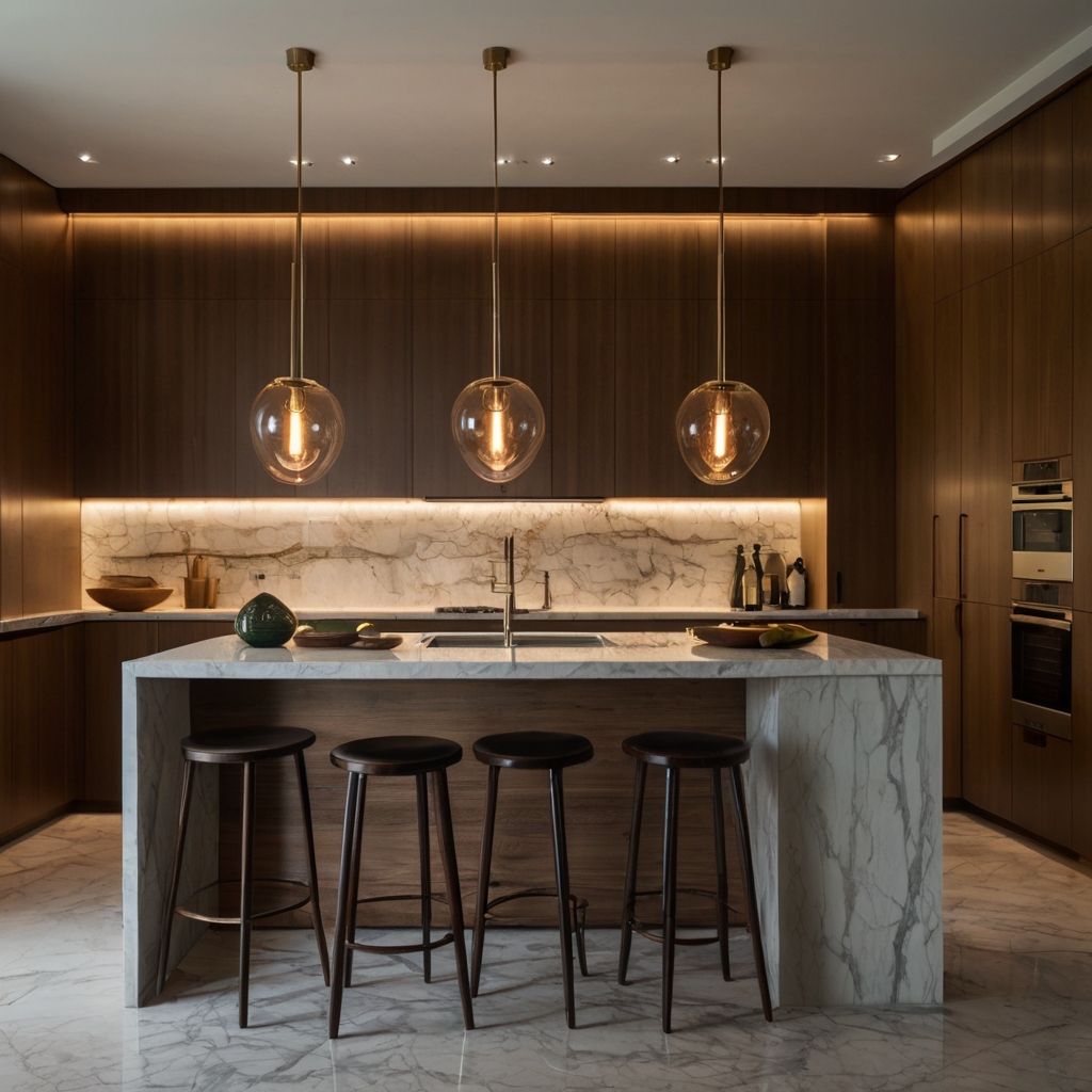 A contemporary kitchen illuminated by bold pendant lights and LED strips. The layered lighting enhances textures and depth for a stunning effect.