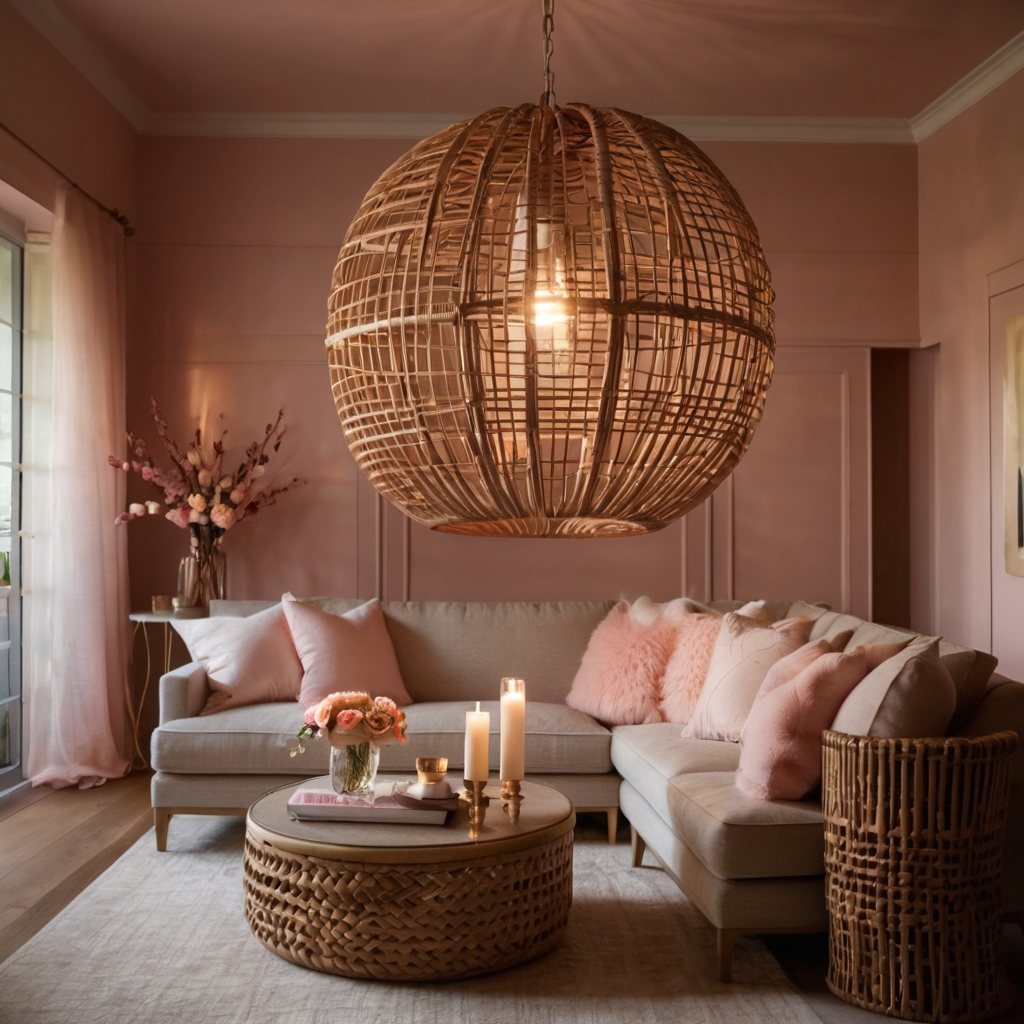 A stunning rattan and glass pendant light casting a warm, ambient glow. The perfect statement piece for a cozy and inviting Galentine’s setting!