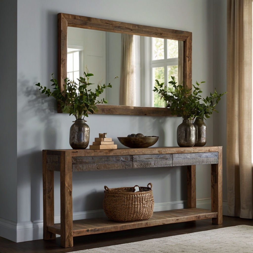 A reclaimed wood-framed mirror above a minimalist table adds depth to your room, illuminated by soft, angled lighting.