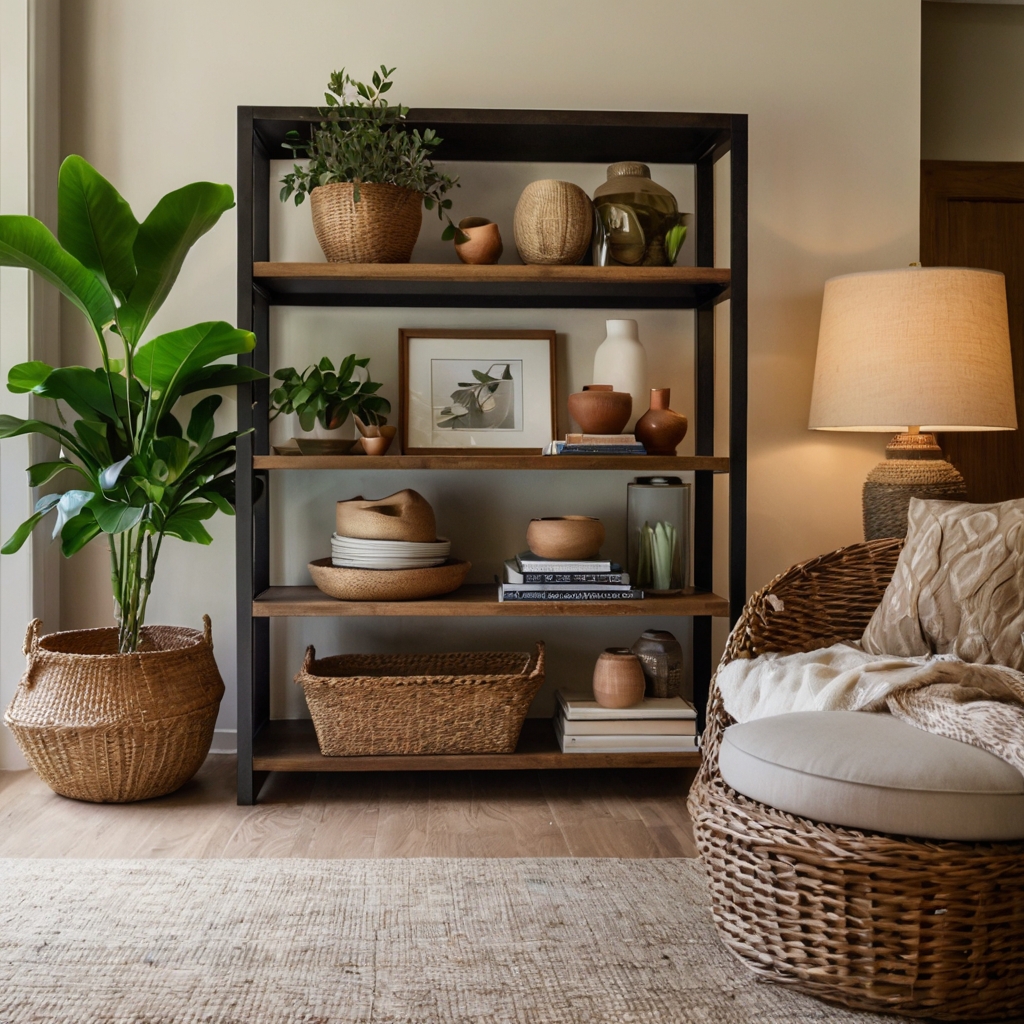 Built-in shelves hold books, ceramics, and framed artwork with wicker baskets and greenery. Indirect lighting highlights the textures and curated decor.