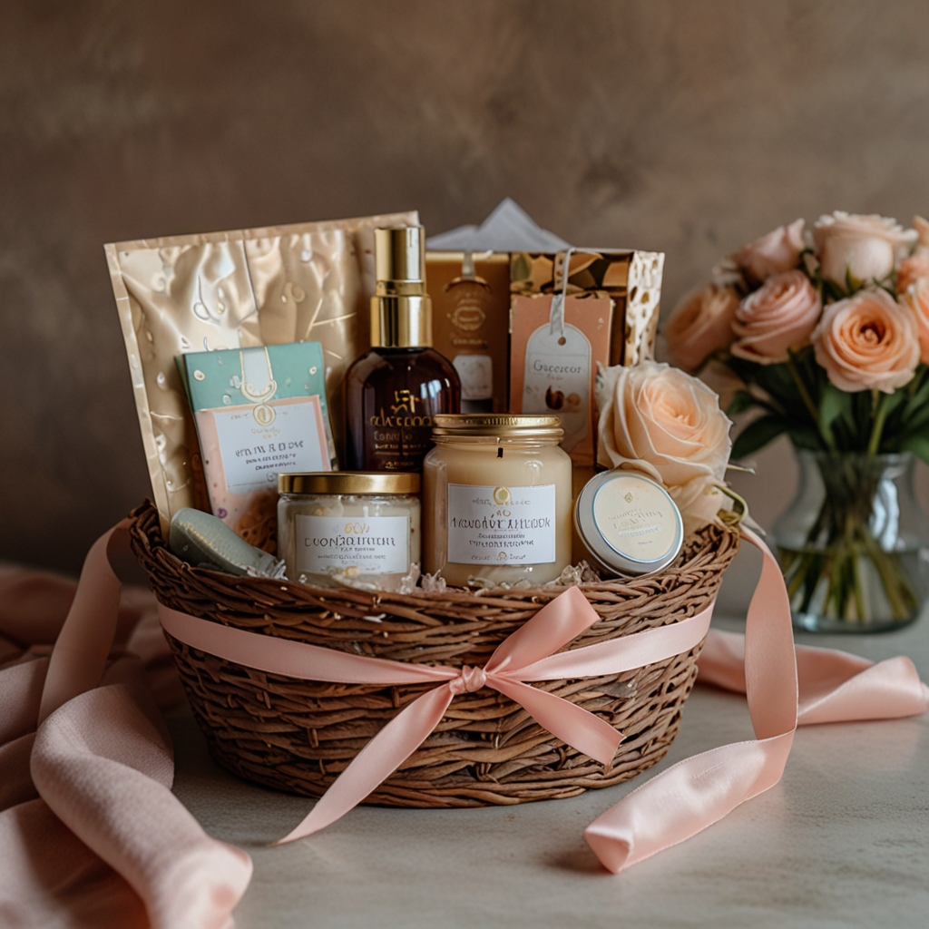 A pastel-wrapped basket filled with scented candles, skincare, and sweet treats. A thoughtful and personalized Galentine’s gift full of love and charm!