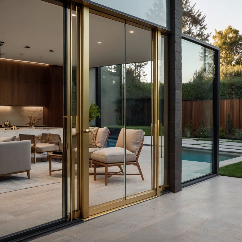 Sleek, frameless glass doors separate spaces while allowing light flow. Brushed gold hardware adds a sophisticated touch.