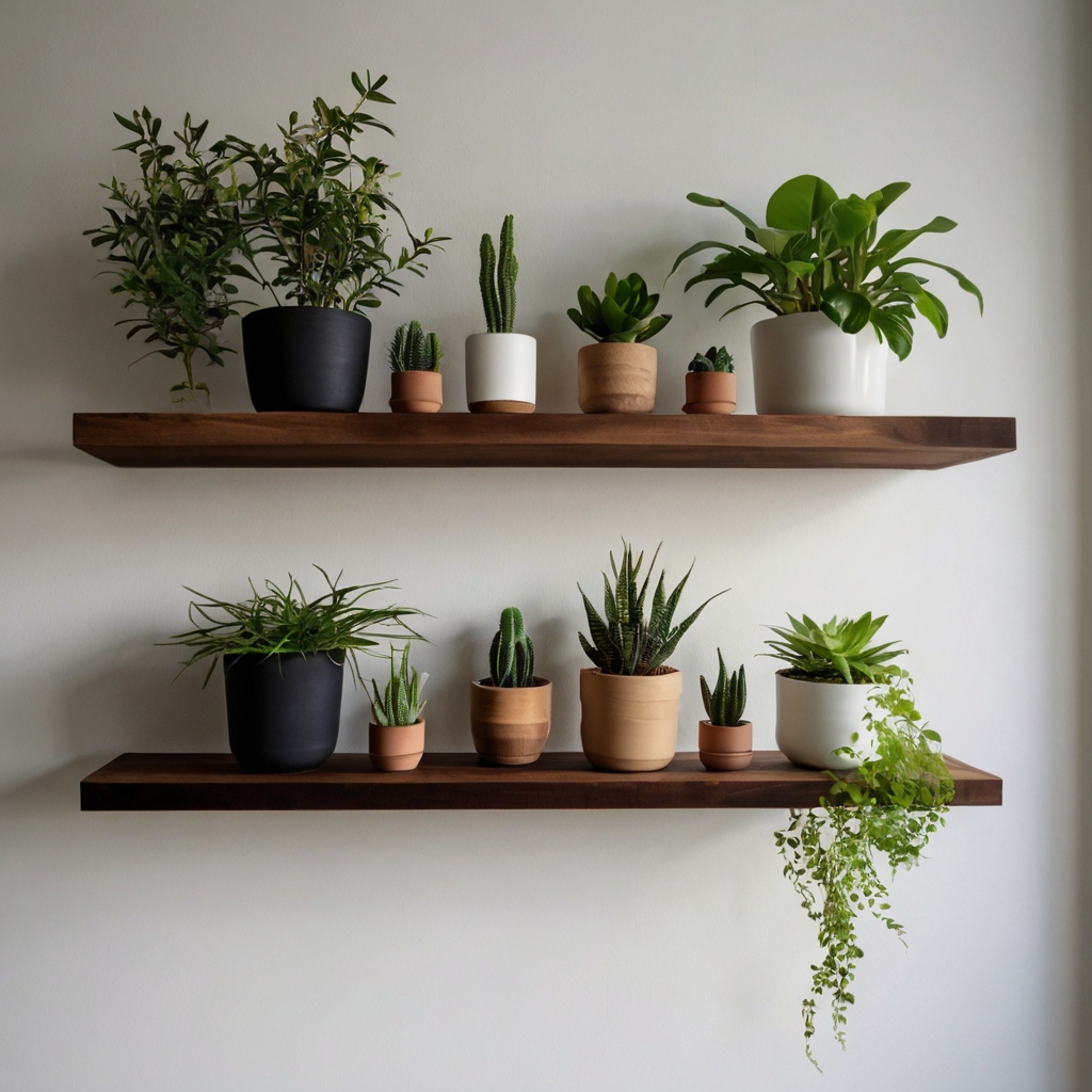 Maximize space with floating wooden shelves showcasing small plants and decor, illuminated by side lighting to add depth.