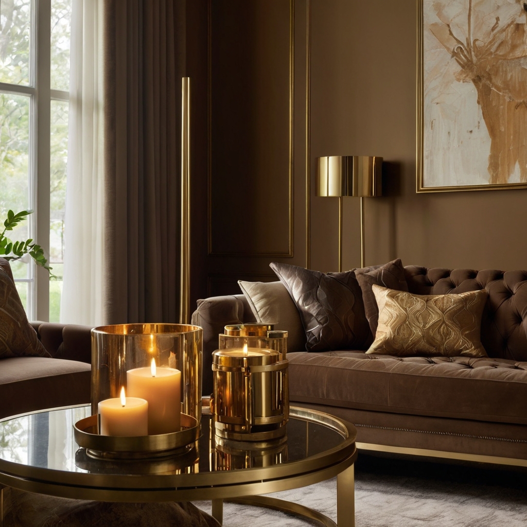 Brushed gold decor details complement a brown couch. Soft lighting enhances the metallic warmth.