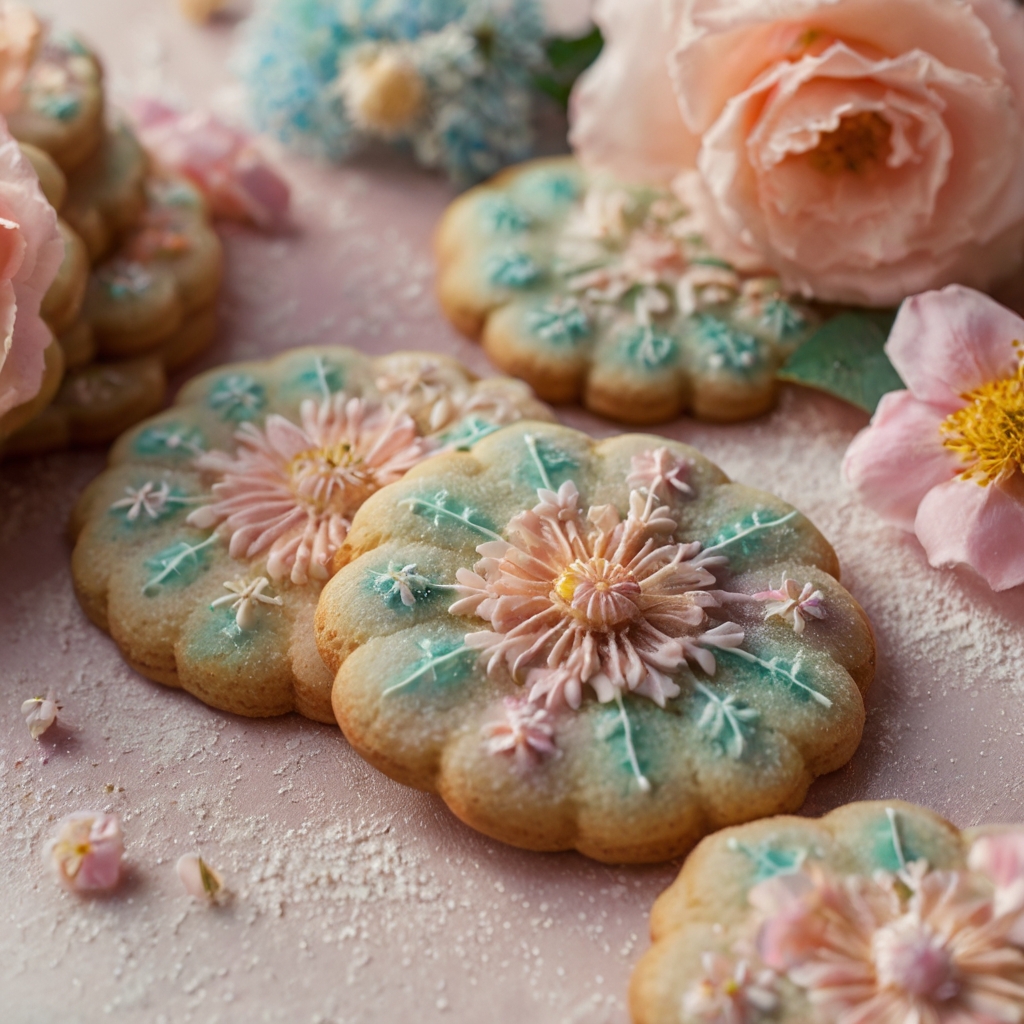 Floral cookies dusted with sugar, featuring soft pastel hues. Diffused lighting creates a delicate and elegant effect.