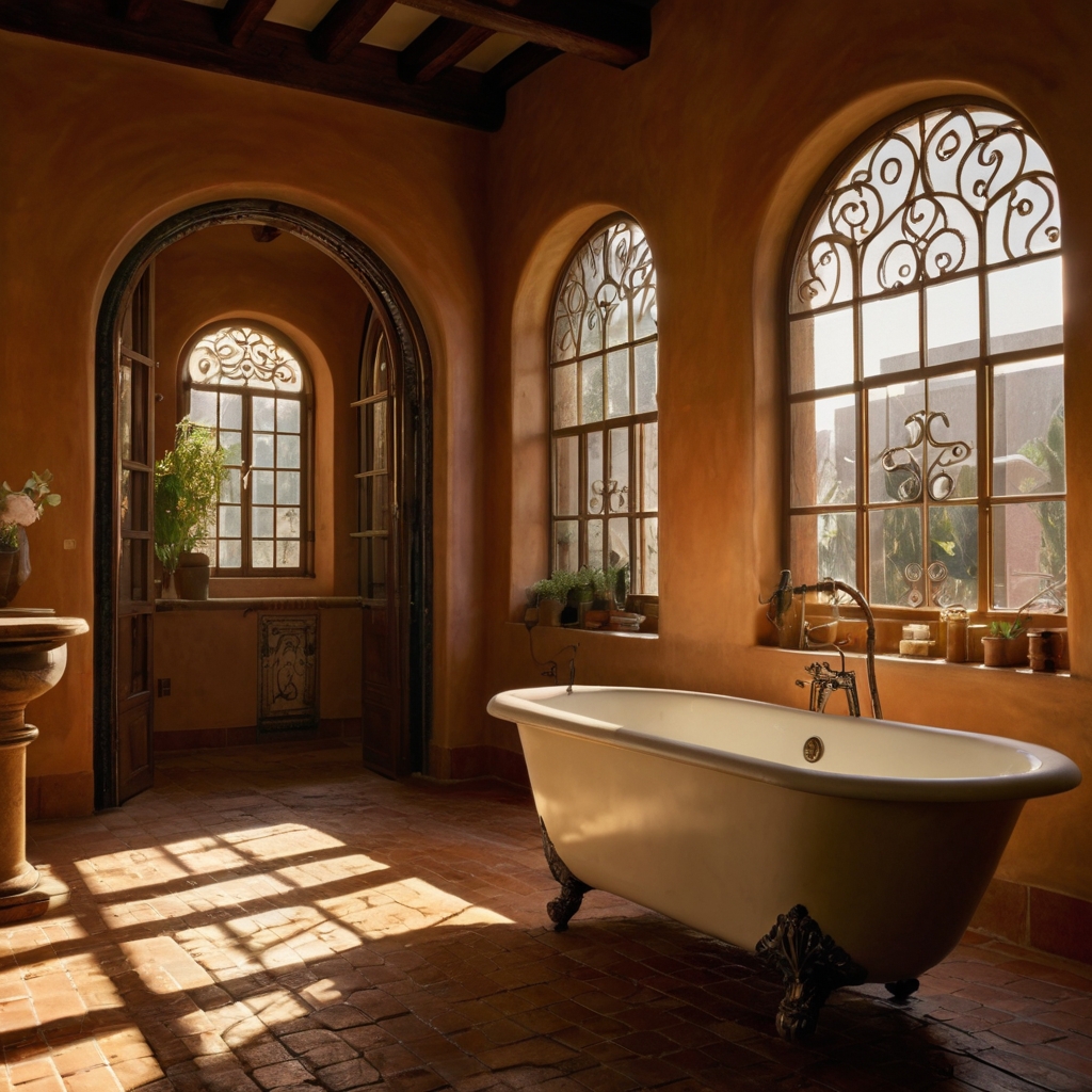 Arched windows flood a Spanish-style bathroom with golden sunlight. Terracotta floors and rustic wood accents glow under the warm natural light.