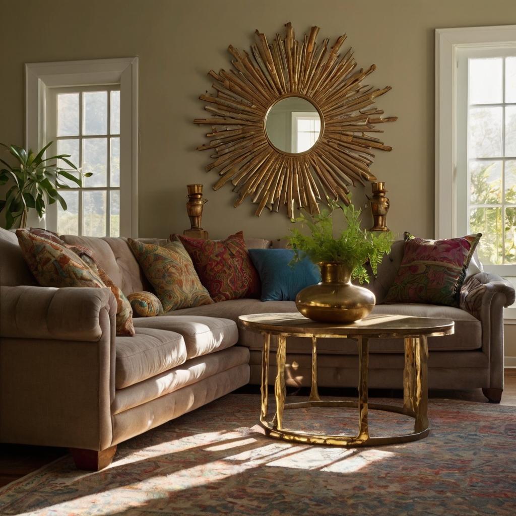 A gold sunburst mirror reflecting soft daylight, adding depth and warmth to a bohemian-inspired space.