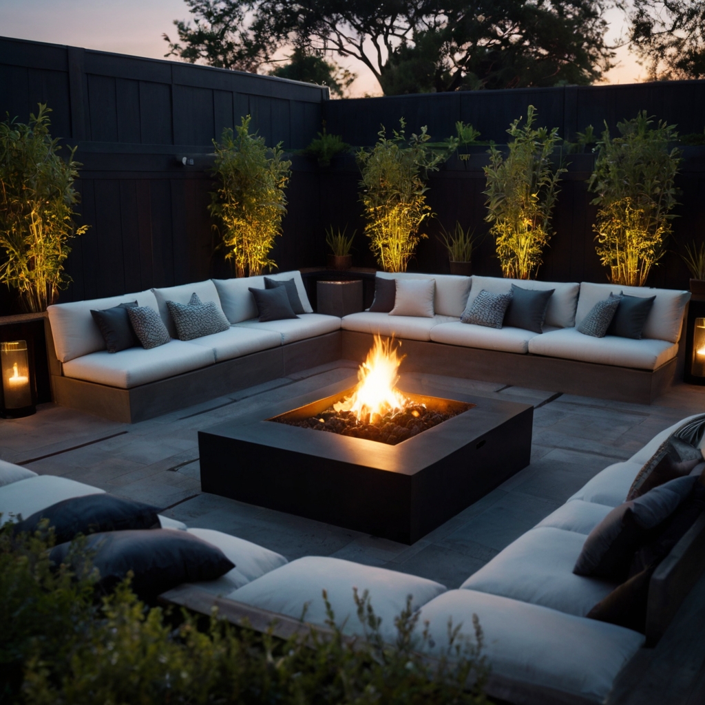 A cozy sunken lounge wrapped around a fire pit, lined with plush cushions. Soft recessed lighting enhances the warmth of this intimate gathering space.