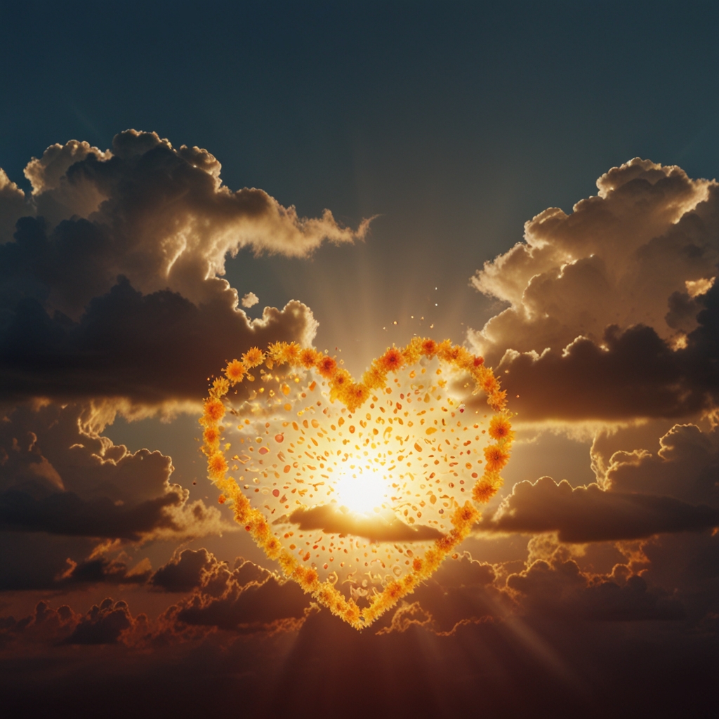 A giant, glowing sun with heart-shaped rays spreads warmth, with floating clouds carrying Valentine’s messages and soft golden sunlight.
