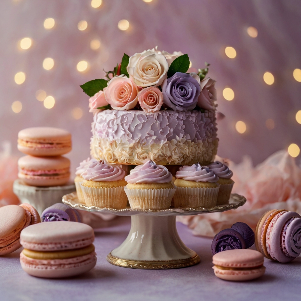 Pastel-hued desserts in blush, rose, and lavender tones. A softly glowing background enhances their delicate elegance.