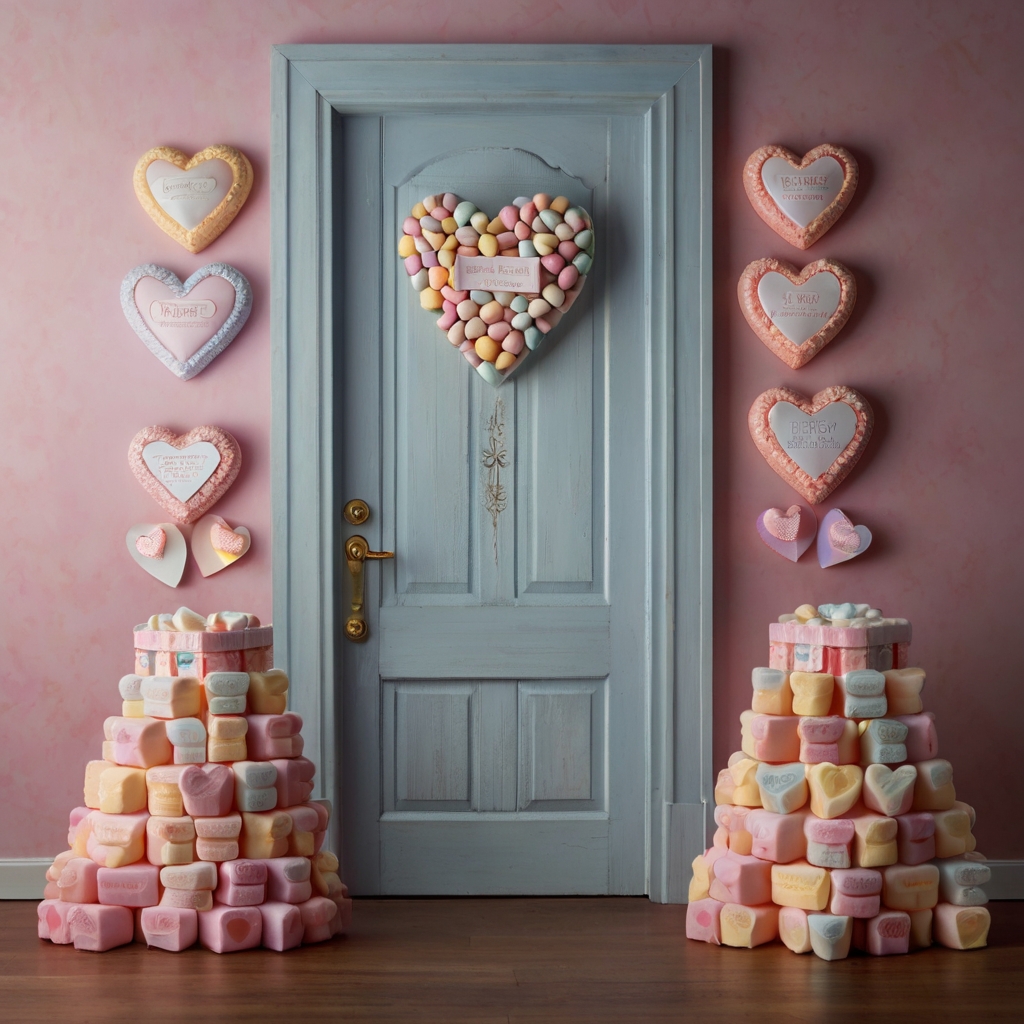 Oversized pastel candy hearts with glowing messages like 'Be Mine' and 'Hug Me' glow softly, with realistic textures and subtle sugar granules.