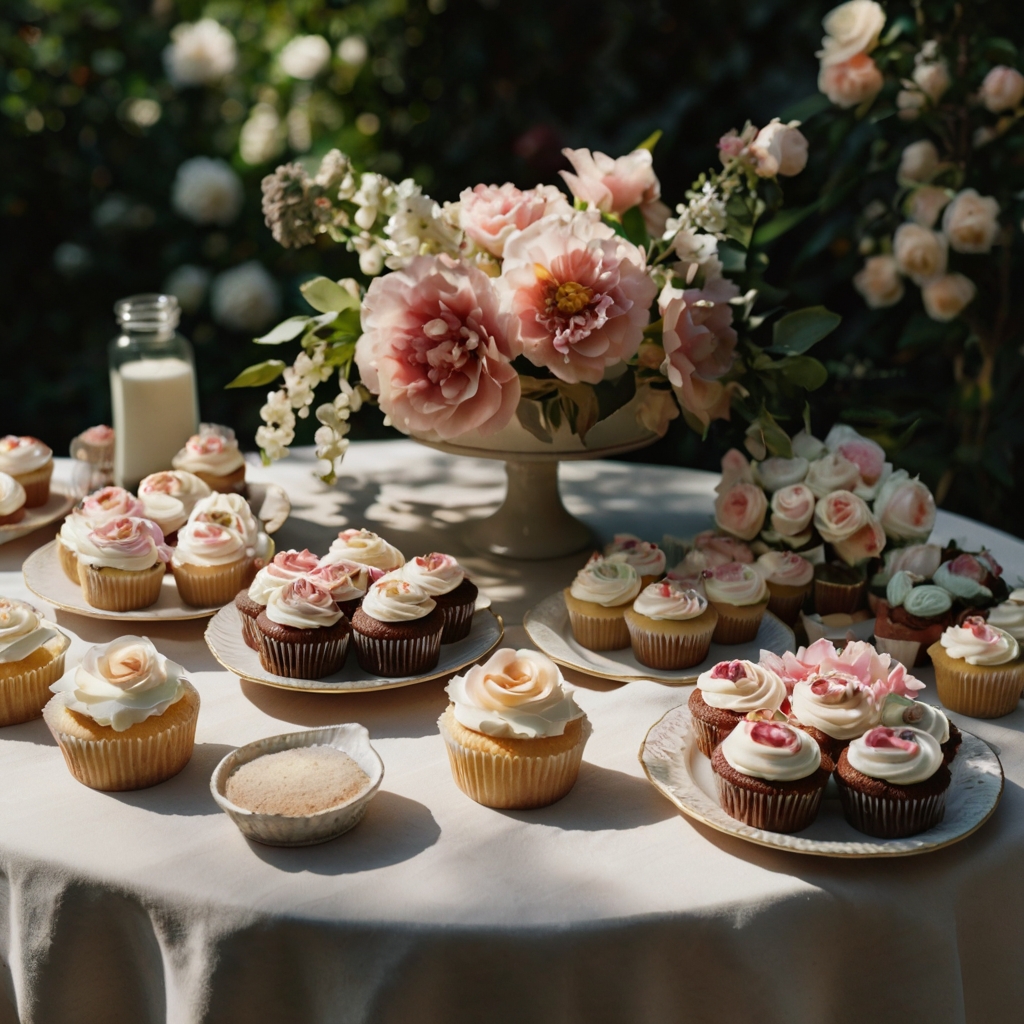 A top-down view of a floral dessert table featuring cupcakes, cookies, and sugared petals. Soft lighting creates a sunlit garden-like effect.