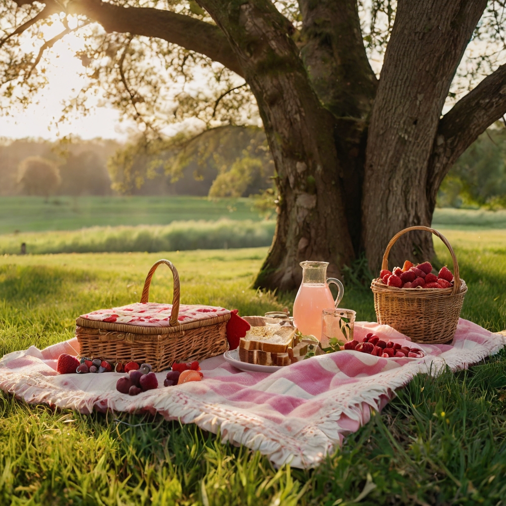 A romantic picnic with heart-shaped treats and a checkered blanket. Sunlight filters through trees, casting a golden, love-filled glow.