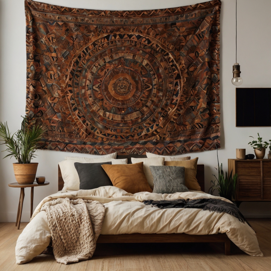 Boho-inspired tapestry with earthy geometric patterns adorns the wall, softly illuminated by natural sunlight. The textured fabric adds depth to the room’s vibe.