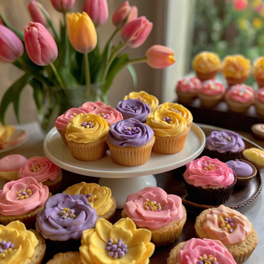 Tulip-shaped cookies, cupcakes, and chocolates in soft pink, yellow, and lavender. A blurred floral background enhances the garden theme.