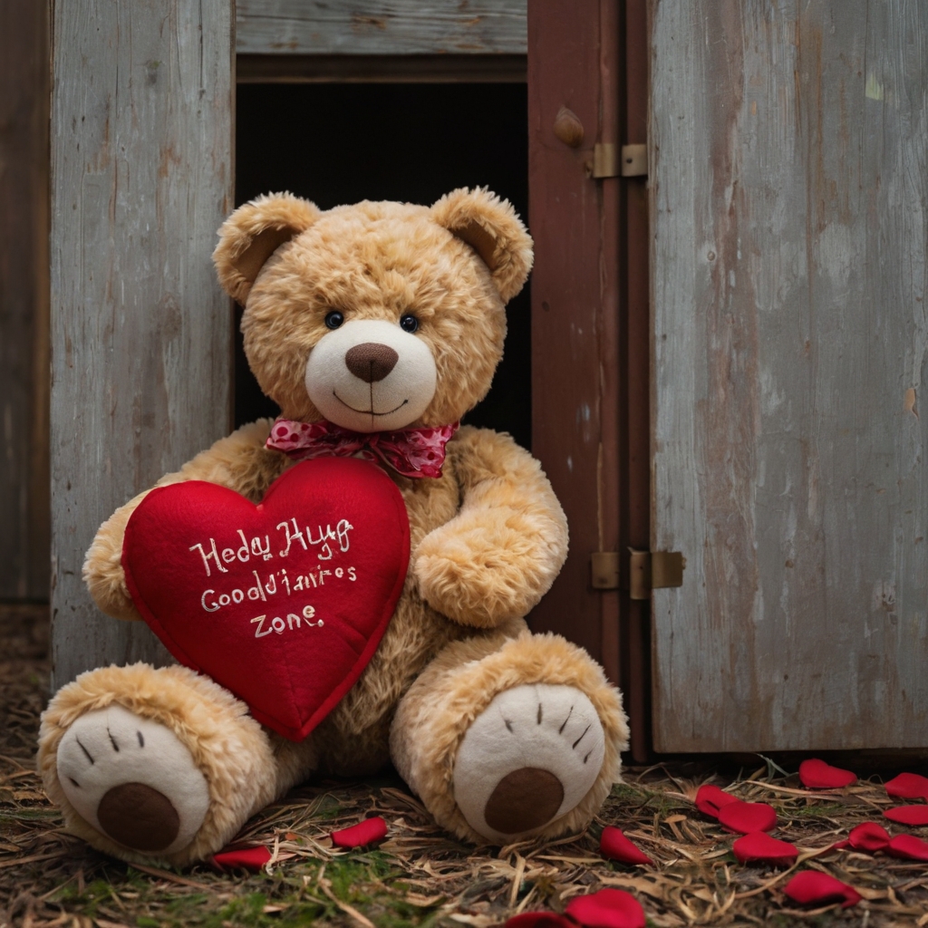 A giant plush teddy bear with ultra-soft fur holds a glowing red heart, surrounded by fluttering heart-shaped confetti in warm candlelight.