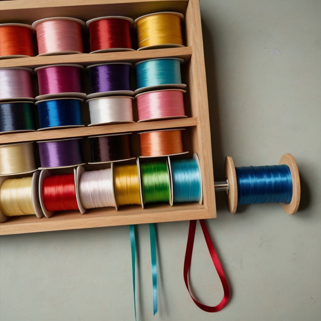 A DIY tension rod holds ribbons neatly inside a cabinet. Soft lighting highlights the colorful ribbons, creating an orderly display.