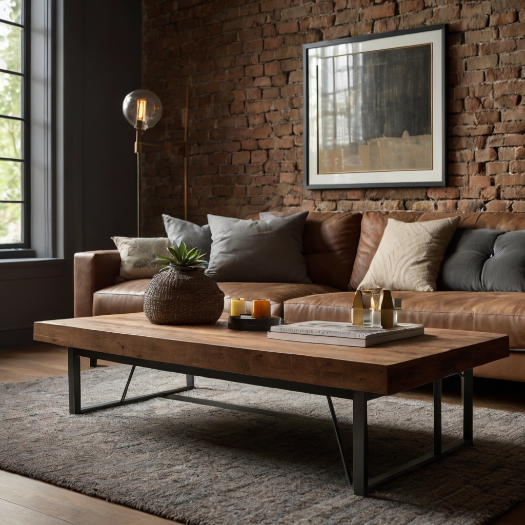 An exposed white brick wall serves as a rustic backdrop for a brown couch. Natural and accent lighting add warmth.