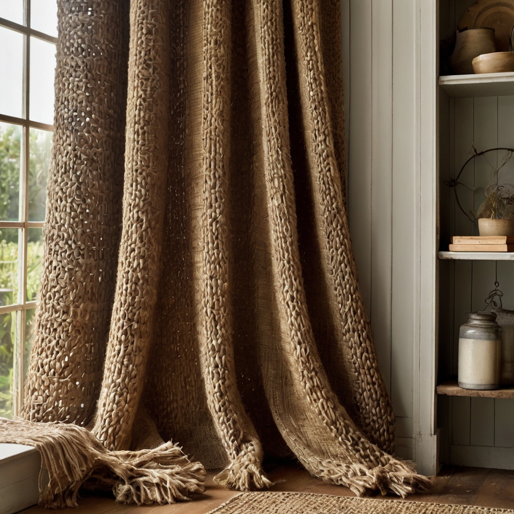 Doorway curtains in woven jute or sisal fabric. Natural light creates a rustic, beachy vibe in a country-inspired room.