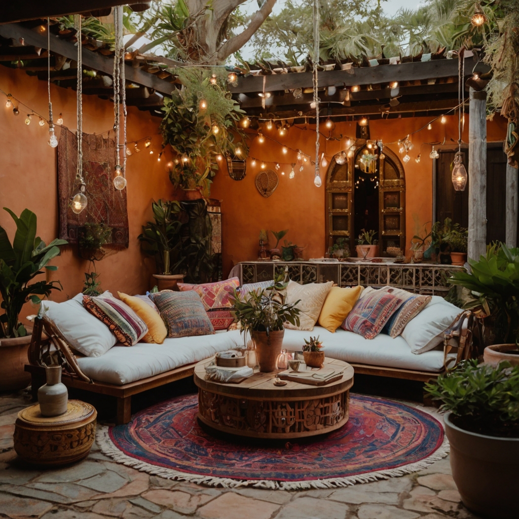 A colorful bohemian courtyard with woven rugs, macramé swings, and fairy lights. Cozy seating and vibrant cushions create a dreamy, relaxed retreat.