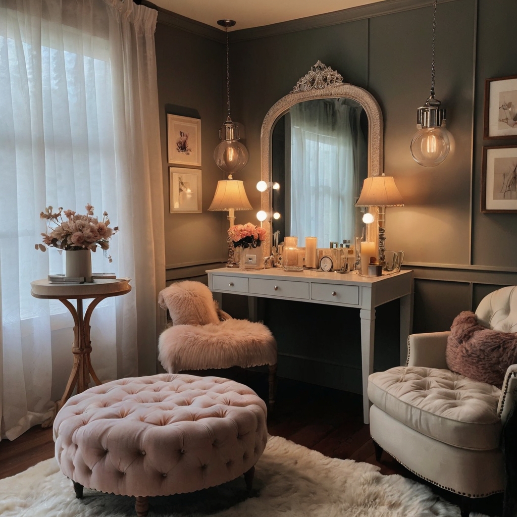 Design a cozy vintage room with plush seating and soothing colors. Scented candles and soft lighting create a relaxing sanctuary.