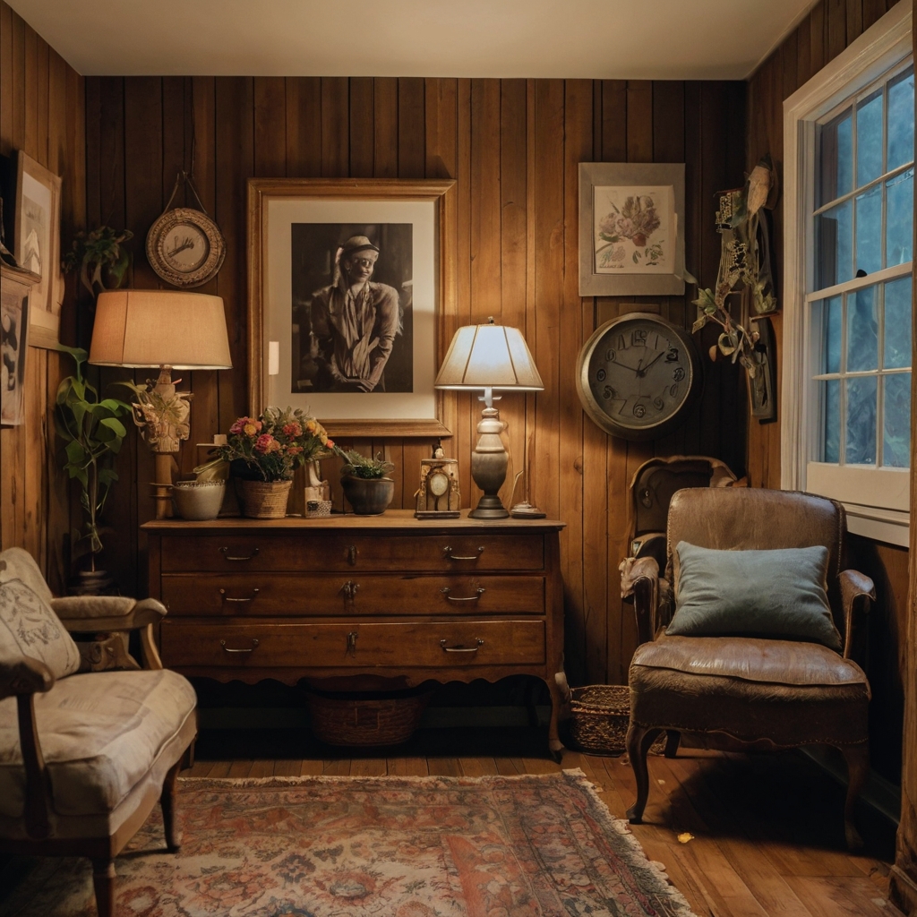 Thrifted vintage decor adds character to a cozy room, softened by warm lighting that highlights the rustic charm.