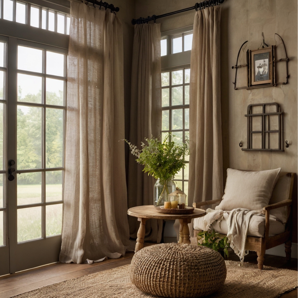Soft linen tie-top drapes hang effortlessly from wooden rods, enhancing a relaxed rustic ambiance. Their neutral tones blend seamlessly with natural wood interiors.