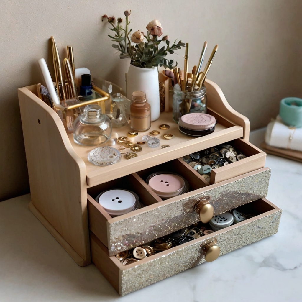 A tiered tray holds small supplies like buttons and sequins. Soft light emphasizes the space-saving vertical storage and organized layout.