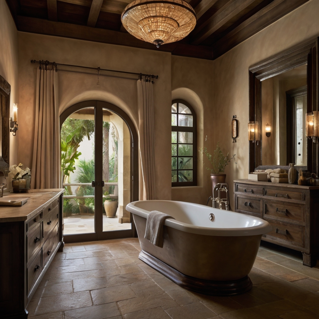 Exposed beams, warm lighting, and a grand soaking tub create a serene retreat. Spanish craftsmanship meets modern comfort in this timeless oasis.