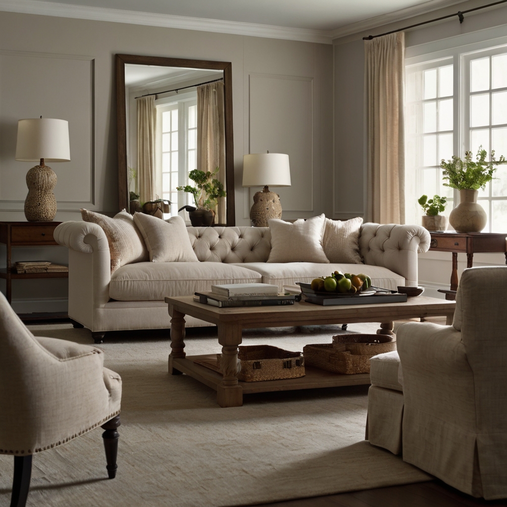 A living room with classic slipcovered sofas, tufted ottomans, and a wooden dresser. Neutral tones and craftsmanship ensure lasting elegance.