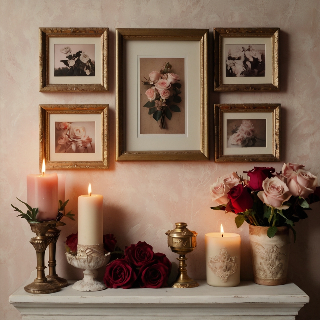 Vintage prints and floral paintings framed in antique elegance. A nostalgic Galentine’s touch that tells a story of love and warmth!