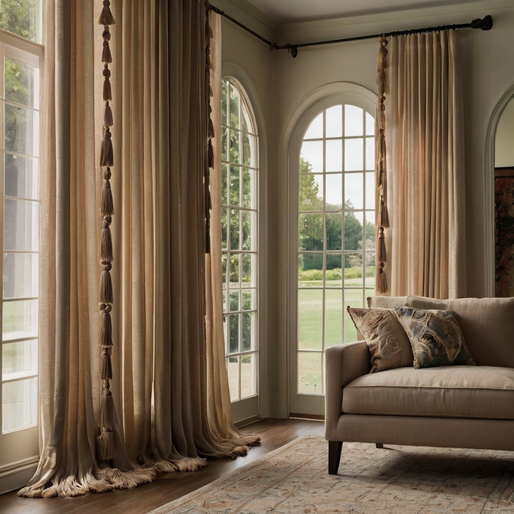 Classic curtains with intricate tassels, soft neutral tones. Sunlight casts delicate shadows, creating an elegant traditional atmosphere.