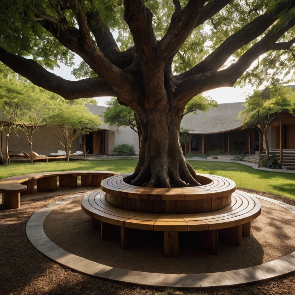 A tranquil courtyard designed around a majestic tree, with a circular wooden bench wrapping its trunk. Sunlight filters through the leafy canopy.