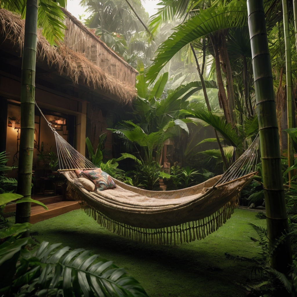 A lush tropical courtyard bursting with towering palms, vibrant ferns, and exotic flowers. A bamboo hammock sways gently in the warm breeze.