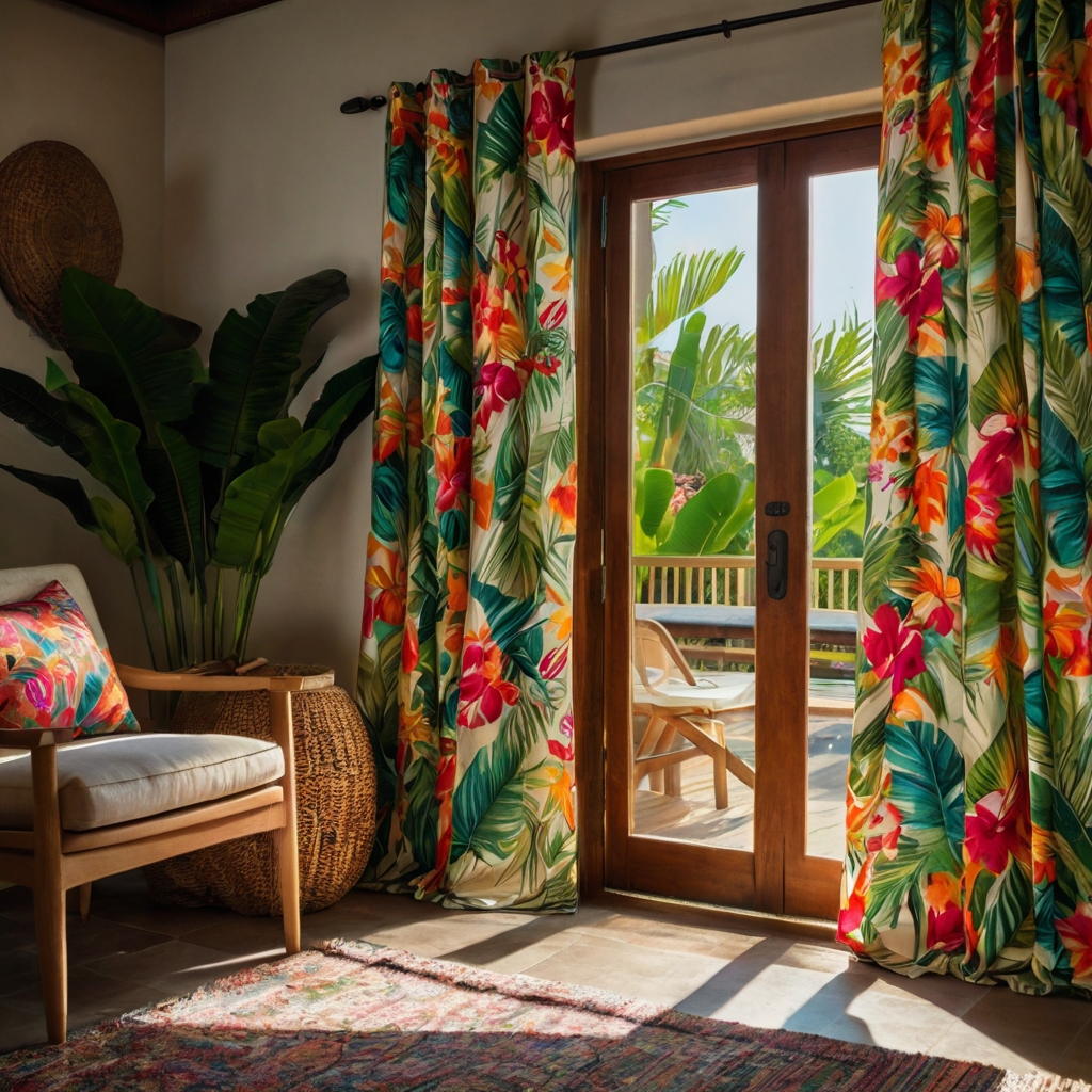 Tropical-themed curtains with vibrant florals and leaves. Sunlight enhances the colors, creating a lively atmosphere in a tropical-inspired room.