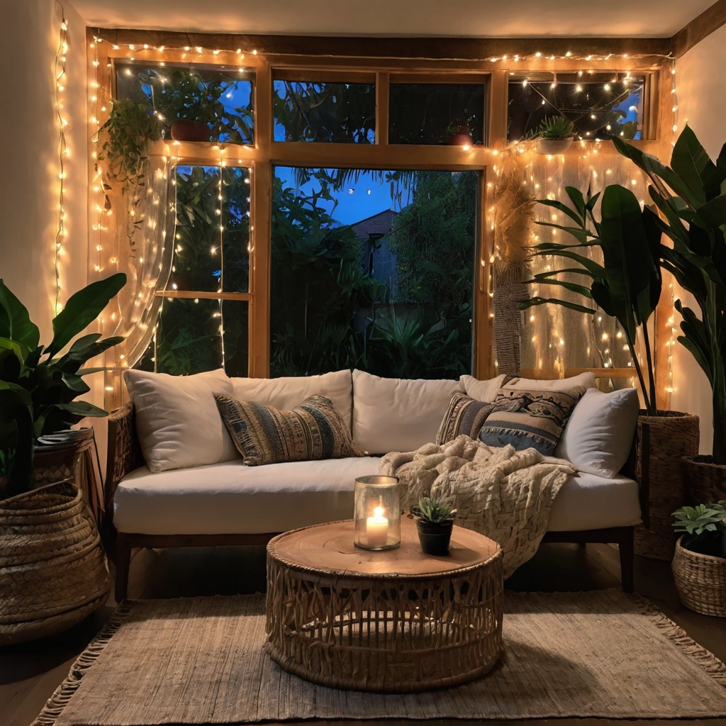 A dreamy boho space with soft-glowing string lights draped around lush plants and woven furniture for a magical ambiance.