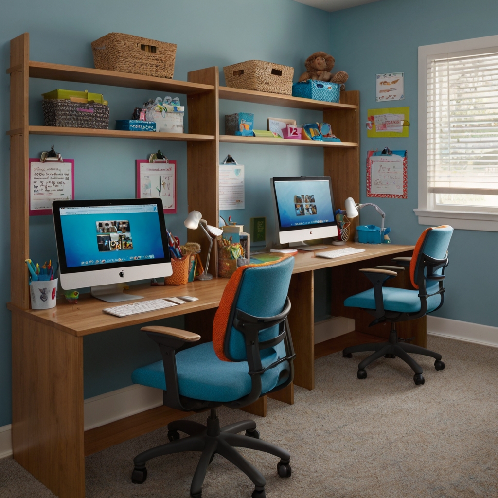 Dual desks ensure focus and organization. Personal boards and shelves add a custom touch.