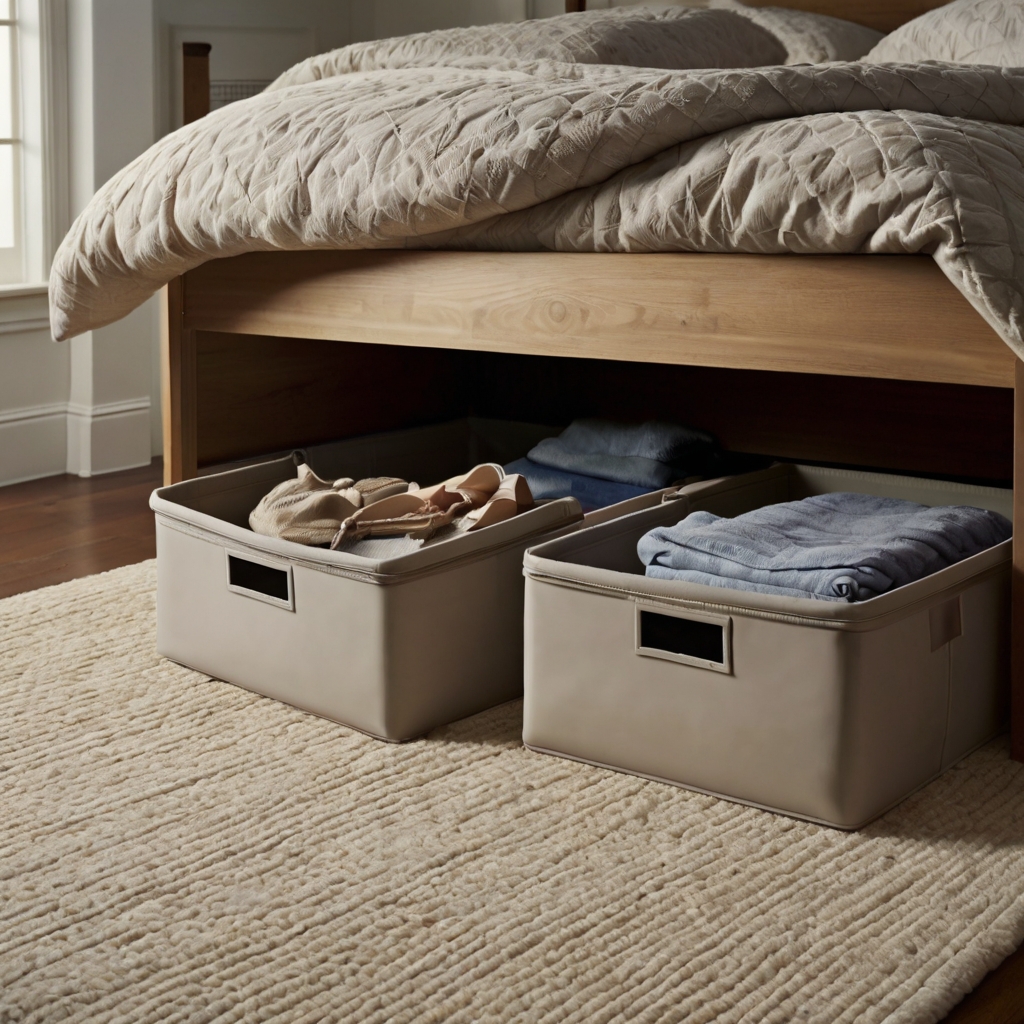 Stylish under-bed storage bins neatly tucked under the bed, illuminated by soft light from a lamp. The bins blend seamlessly with the room’s aesthetic.