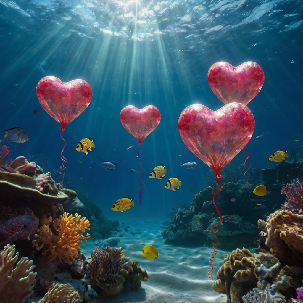 A glowing underwater Valentine’s world with turtles, jellyfish, and playful fish carrying soft, heart-shaped corals under shimmering sunlight ripples.
