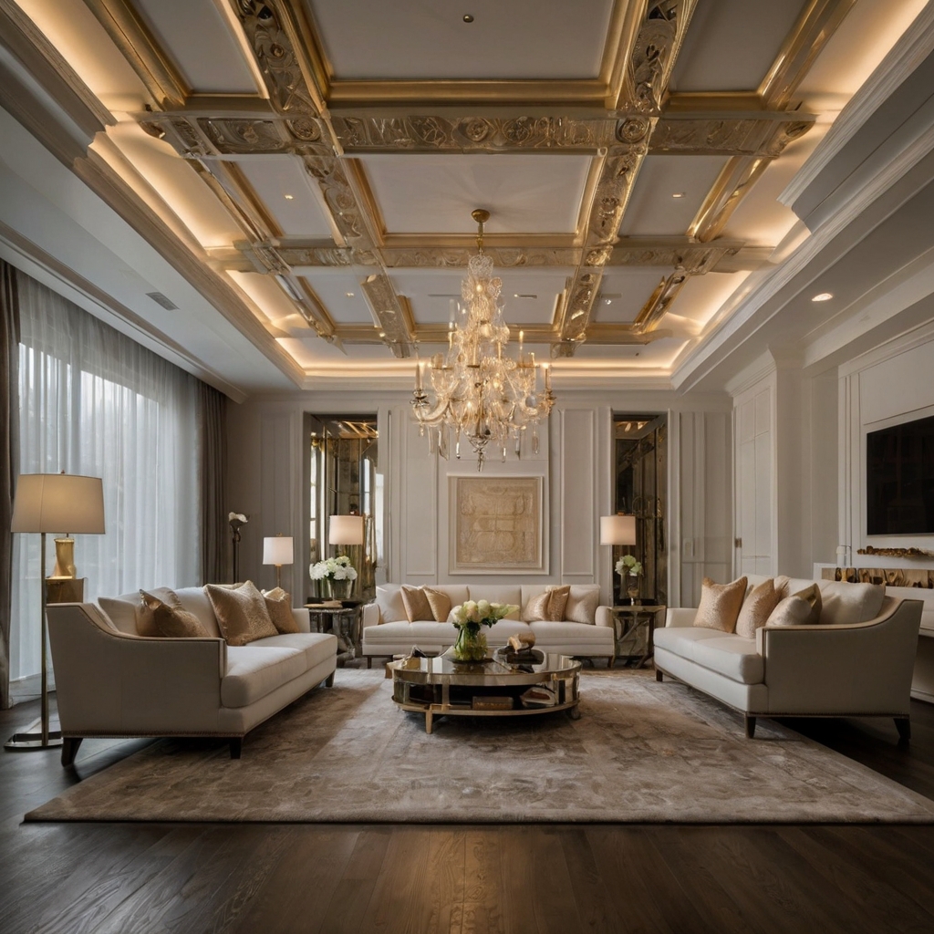 A coffered ceiling with soft gold accents adds architectural beauty. Hidden LED lighting and a crystal chandelier complete the grandeur.