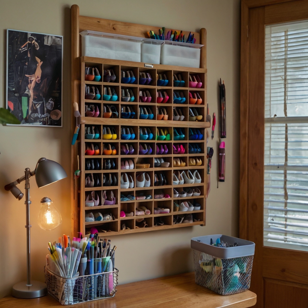 A clear pocket shoe organizer hung on a door stores markers and brushes. Soft lighting enhances the simplicity and efficiency of the setup.