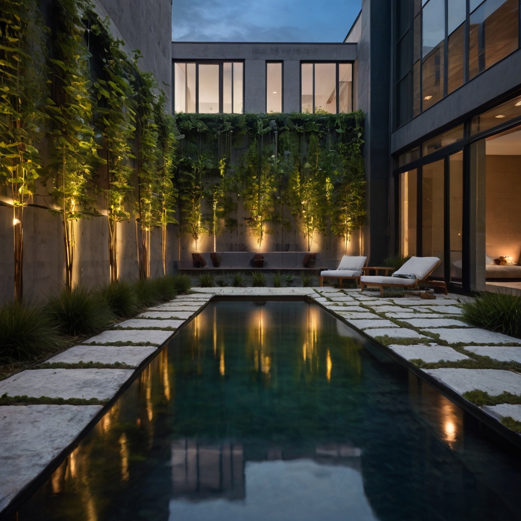 A contemporary urban courtyard softened by lush greenery and vertical gardens. Warm string lights contrast beautifully against raw concrete and brick walls.