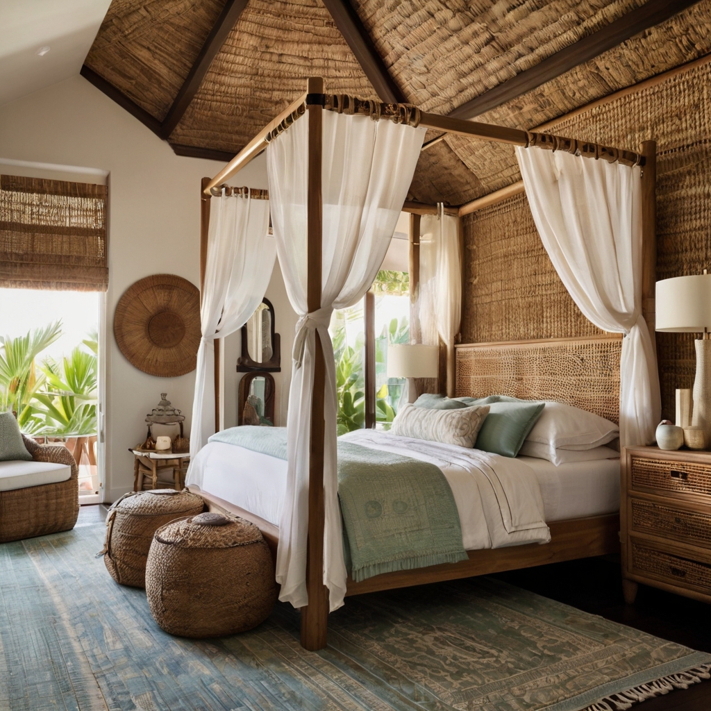Layer soft linens, woven textures, and coastal hues to design a dreamy, resort-style bedroom.