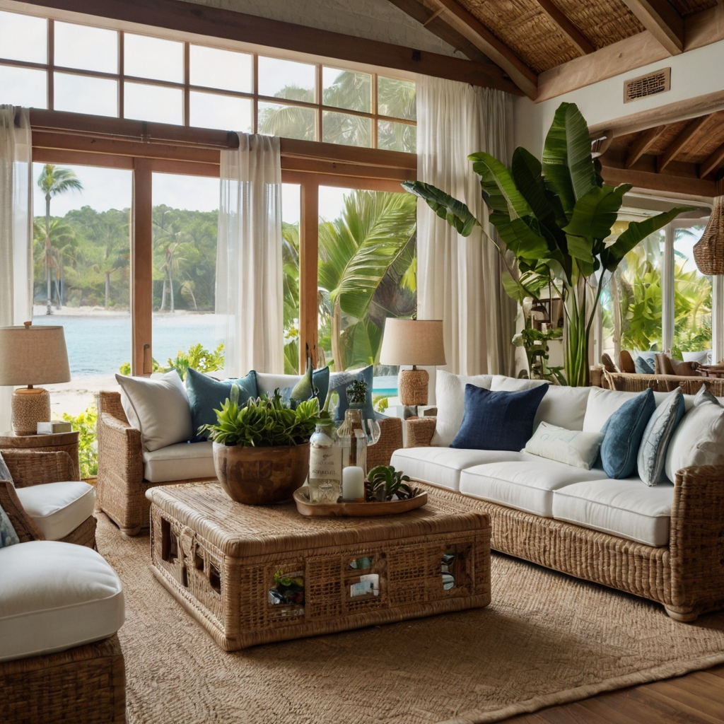 Sun-kissed neutrals, rattan seating, and tropical greenery turn your living room into a laid-back getaway.