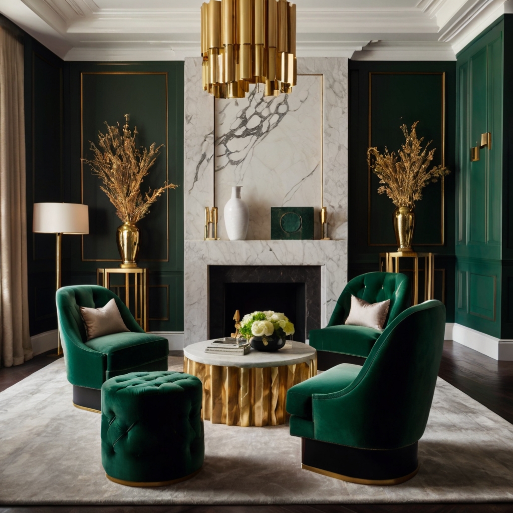 A deep emerald velvet accent chair with a sculptural design elevates the space. A marble side table and gold details add to its charm.