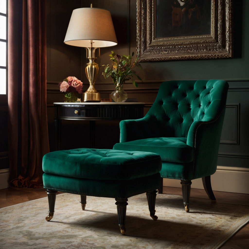 Create a cozy corner with luxurious velvet chairs near a vintage vanity. Warm lighting highlights the deep textures and inviting atmosphere.