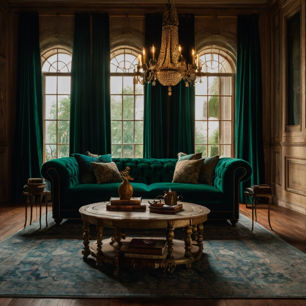 Lush emerald green velvet curtains pool onto a wooden floor, framing a grand arched window. Their rich texture adds dramatic elegance to a French country living room.