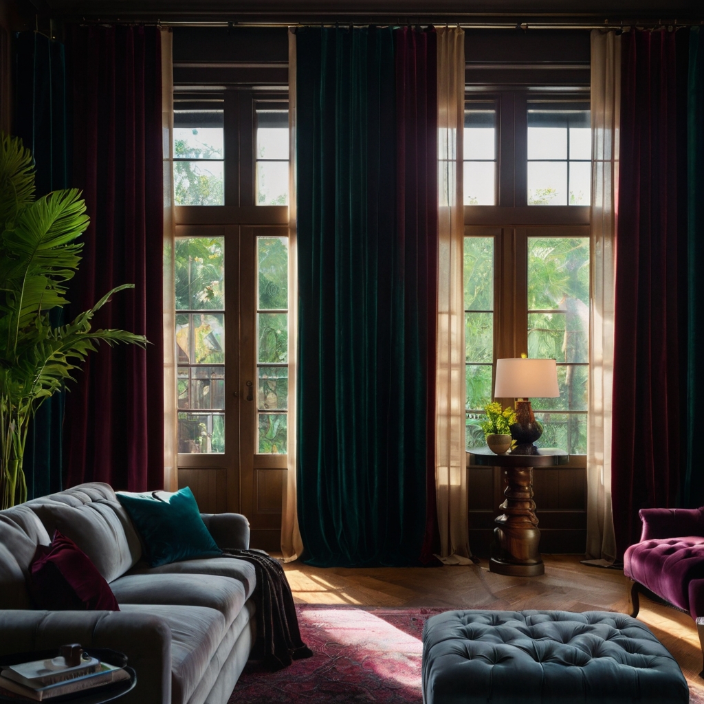 Luxurious velvet curtains in rich jewel tones. Sunlight streaming through large windows creates a dramatic, sophisticated effect.